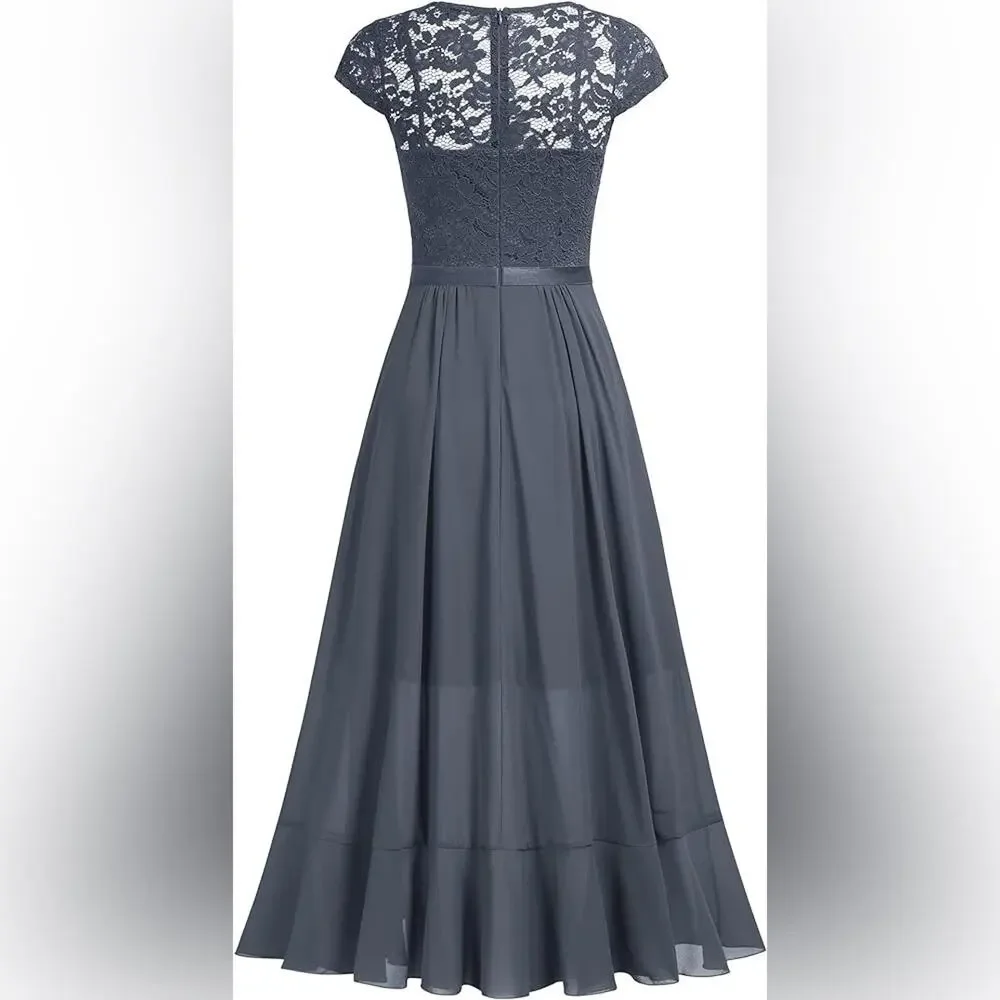 Womens Size 4-6 Dress NEW Asymmetircal Feminine Gray Formal Party Guest Midi - Picture 8 of 15